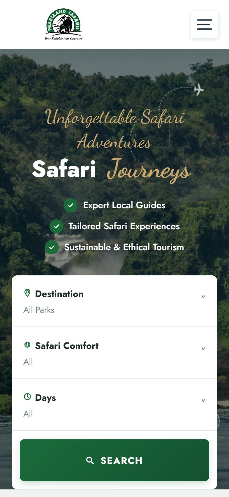 Pearl Land Safaris website on iPhone