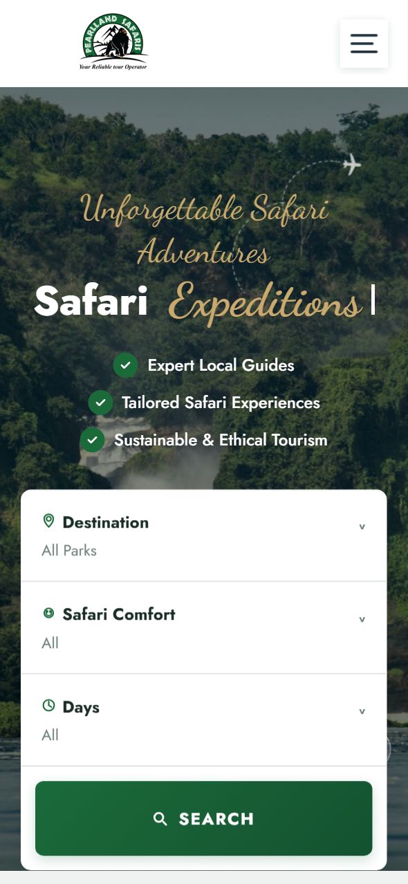 Pearl Land Safaris website on iPhone